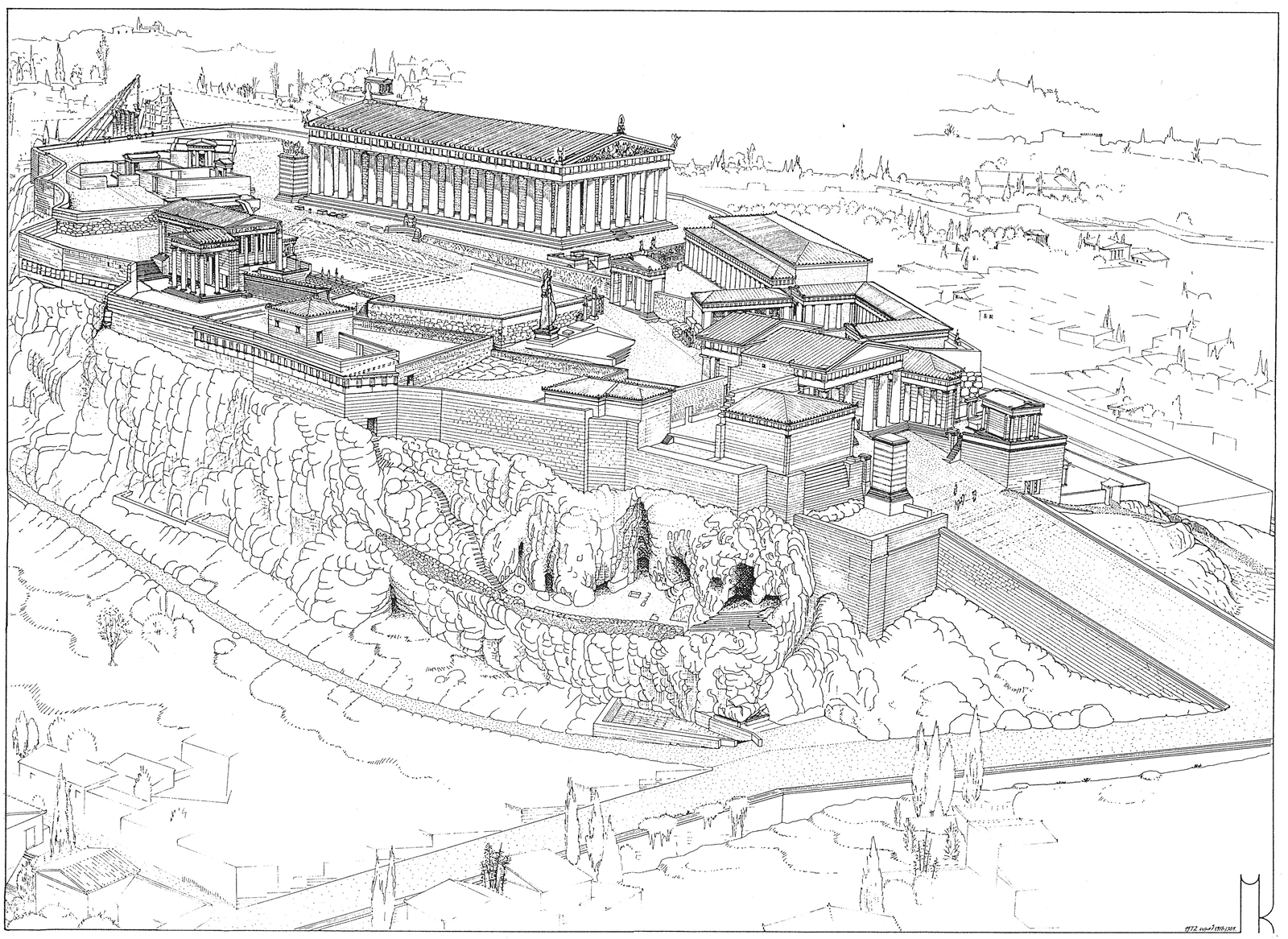 Σχέδιο - Αναπαράσταση της ράμπας της Ακρόπολης (περίπου 500 π. Χ.) από τον Μανόλη Κορρέ.